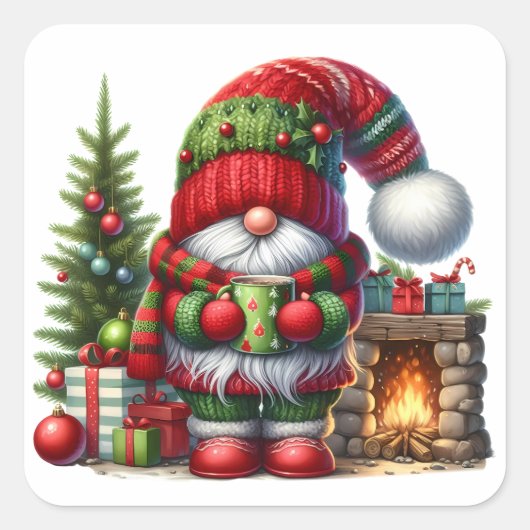 Cozy Christmas Gnome Art – Festive Holiday Vierkante Sticker (Voorkant)
