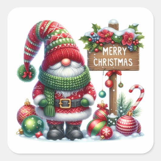 Cozy Christmas Gnome Art – Festive Holiday Vierkante Sticker (Voorkant)