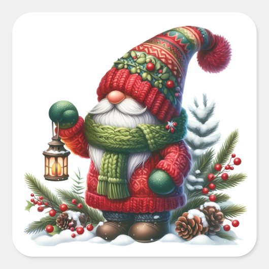 Cozy Christmas Gnome Art – Festive Holiday Vierkante Sticker (Voorkant)