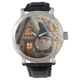 Cozy Christmas Gnome with Gingerbread House Horloge