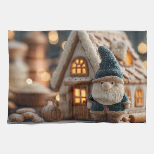 Cozy Christmas Gnome with Gingerbread House Theedoek (Horizontaal)