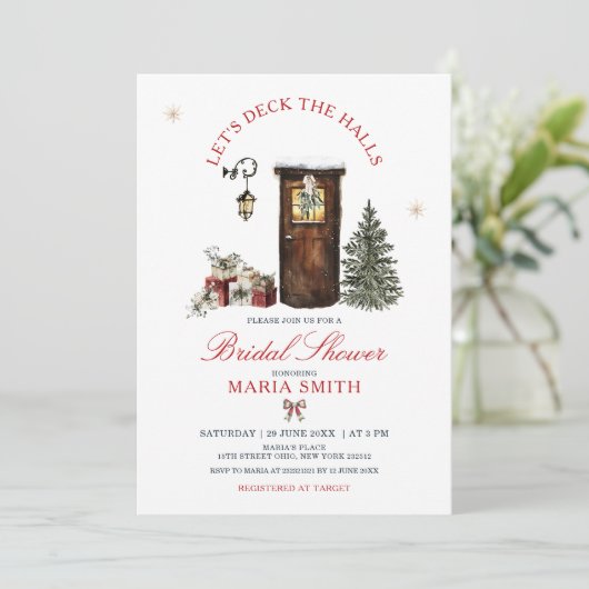 Cozy Christmas Let’s Deck the Halls Bridal Shower Kaart (Staand voorkant)