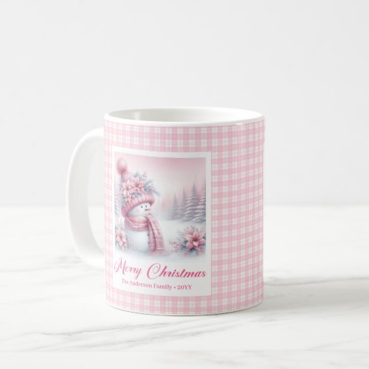 Cozy Christmas Mug Pink Snowman Winter Forest Kids Koffiemok (Voorkant links)