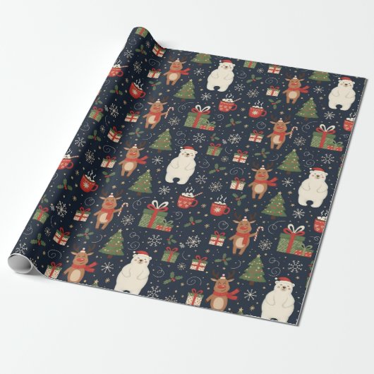 Cozy Christmas Pattern Reindeer Polar Bear Wrap Cadeaupapier (Uitgerold)