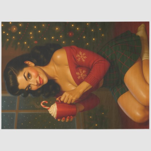 Cozy Christmas Pin-Up with Hot Cocoa — Retro Tissuepapier (Voorkant)