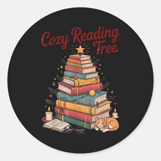 Cozy Christmas Reading Tree Cat Candle Stack Booki Ronde Sticker (Voorkant)