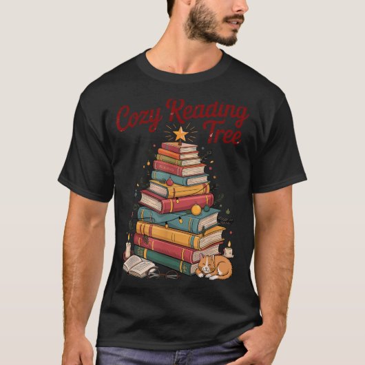 Cozy Christmas Reading Tree Cat Candle Stack Booki T-shirt (Voorkant)