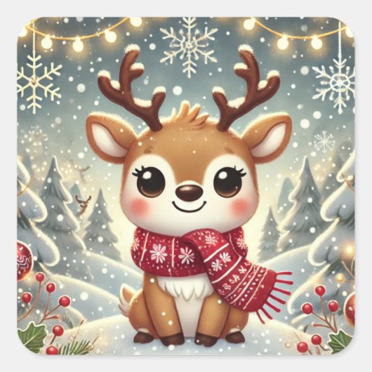 Cozy Christmas Reindeer in a Winter Wonderland Vierkante Sticker (Voorkant)