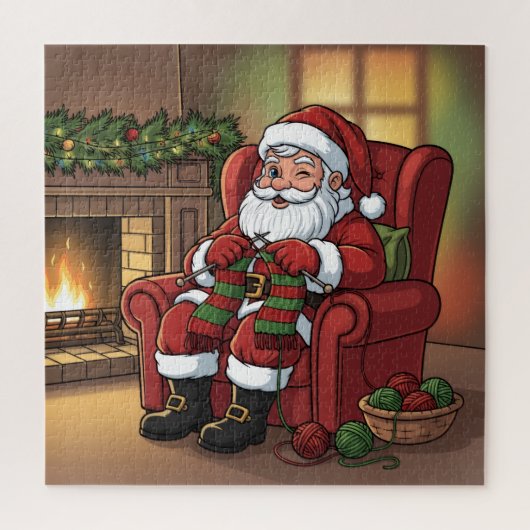 Cozy Christmas Santa Knitting by the Fireplace Legpuzzel (Verticaal)
