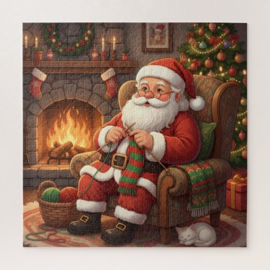 Cozy Christmas Santa Knitting by the Fireplace Legpuzzel (Verticaal)