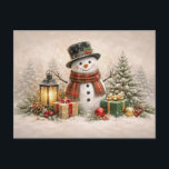 Cozy Christmas Snowman with Lantern and Gifts Feestdagenkaart<br><div class="desc">This heartwarming winter illustration features a cheerful snowman bundled in a red plaid scarf and classic black top hat decorated with holly. Soft snow falls gently as the snowman stands among evergreen branches, pinecones, and festive ornaments. A glowing lantern casts warm candlelight beside beautifully wrapped holiday gifts, while a small...</div>
