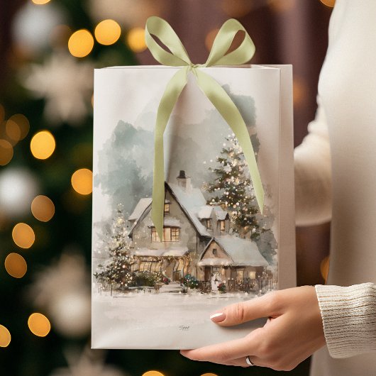 Cozy Christmas Snowy House Gift Bag Medium Cadeauzakje