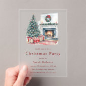 Cozy Christmas Tree & Fireplace Christmas Party  Acryl Uitnodigingen (Insitu (Draagbaar))