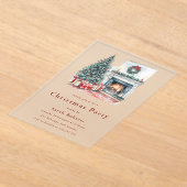 Cozy Christmas Tree & Fireplace Christmas Party  Acryl Uitnodigingen (Laagn)