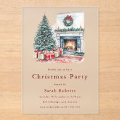 Cozy Christmas Tree & Fireplace Christmas Party  Acryl Uitnodigingen (Voorkant)