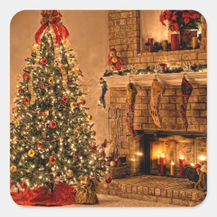 Cozy Chrsitmas Tree Room Vierkante Sticker
