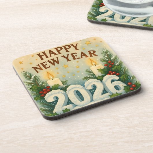 cozy coaster set for happy new year 2026 bier onderzetter (Linkerzijde)
