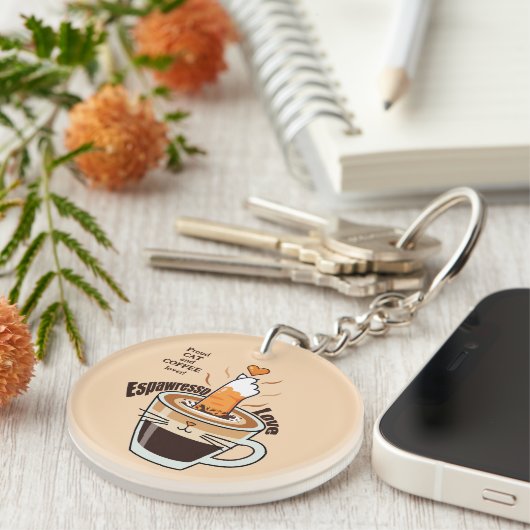 Cozy Coffee and Funny Cat Theme Rustic Custom Sleutelhanger (Voorkant Rechts)