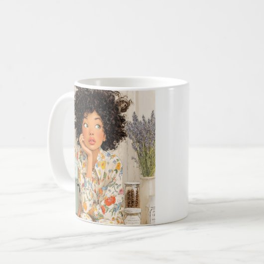 Cozy Coffee Morning Girl Mug – AI Art Koffiemok (Voorkant links)