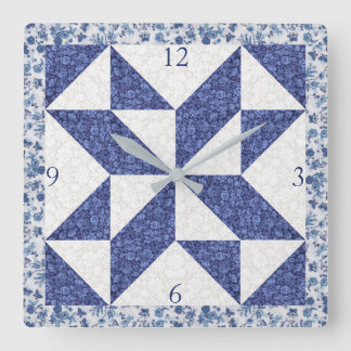 Cozy Country Blue White Calico Faux Quilt Square Vierkante Klok
