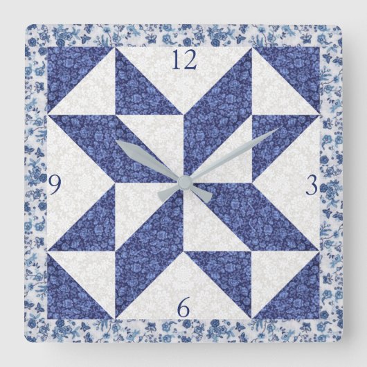 Cozy Country Blue White Calico Faux Quilt Square  Vierkante Klok (Voorkant)
