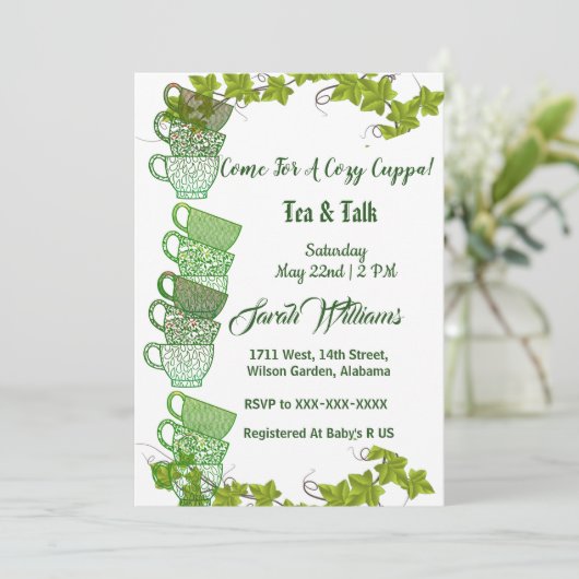 Cozy Cuppa Green Tea Cups vanmiddag Tea Party Kaart (Staand voorkant)