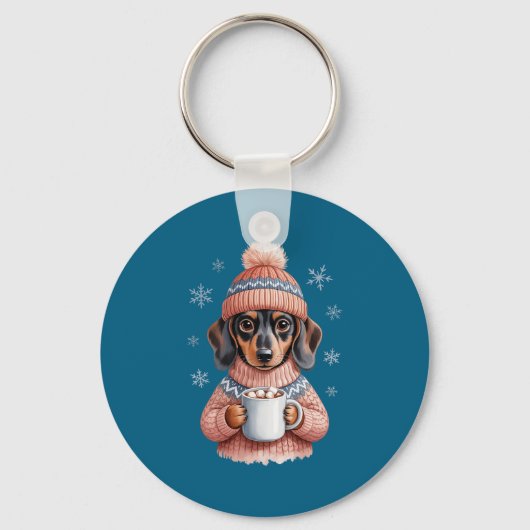 Cozy Dachshund Dog With Hot Cocoa Holiday Winter S Sleutelhanger (Voorkant)