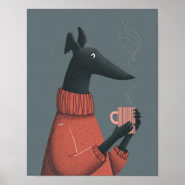 Cozy Dog Poster – Stylized Greyhound with Mug