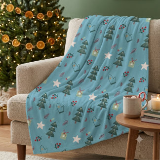 Cozy Dusty Blue Watercolor Christmas Tree Pattern Fleece Deken