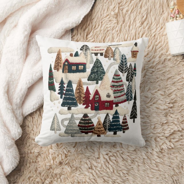 Cozy Embroidered Winter Village Pillow Kussen (Deken)