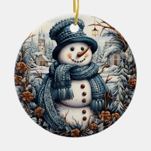 Cozy Embroidery Snowman Christmas – Holiday Keramisch Ornament (Voorkant)