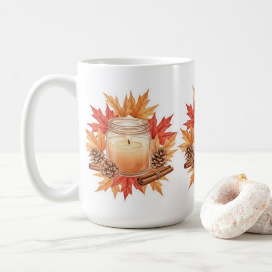 Cozy Fall Candle with Maple Leaves | Autumn Design Koffiemok (Met donut)