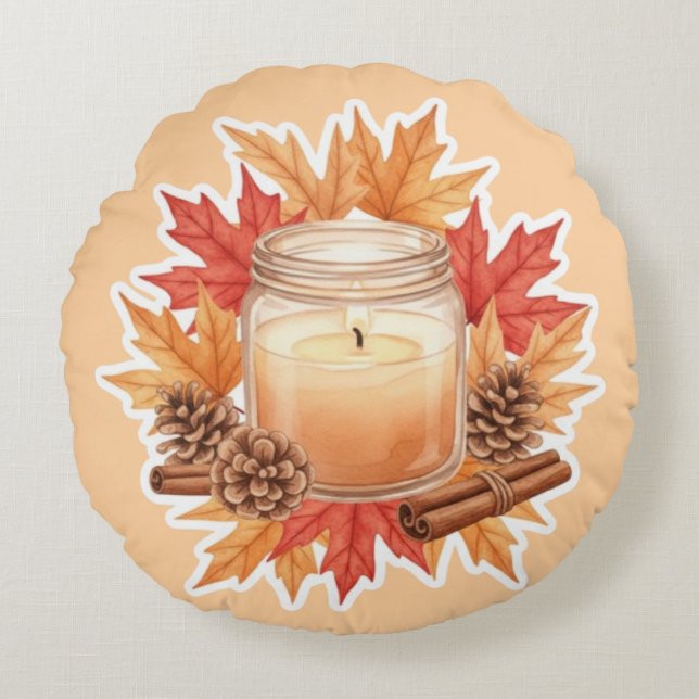 Cozy Fall Candle with Maple Leaves | Autumn Design Rond Kussen (Voorkant)