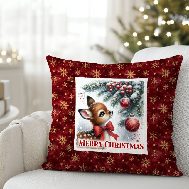 Cozy festive winter scene baby fawn snowy Christma Kussen (Cozy festive winter scene baby fawn snowy Christmas pillow)