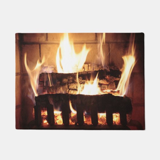 Cozy Fire Fireplace Burning Logs Flames Kerstmis Deurmat (Voorkant)