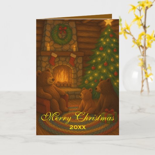 Cozy Fire with Bears Custom Christmas Kaart (Gele Bloem)