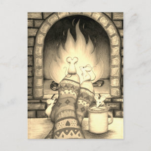 Cozy Fireplace Mice on Socks Sepia Briefkaart