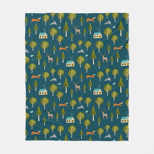 Cozy Forest Cabin and Animals Fleece Blanket (Voorkant)