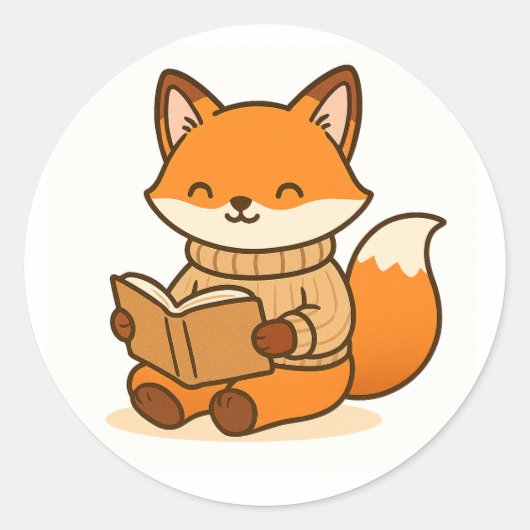 Cozy Fox Reading a Book (Glossy White Background)  Ronde Sticker (Voorkant)