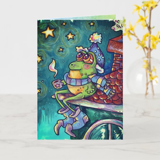 Cozy Frog Christmas & New Year Card Kaart (Gele Bloem)