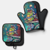 Cozy Frog Christmas & New Year Card Ovenwant & Pannenlap Set (Voorkant / Achterkant)