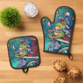 Cozy Frog Christmas & New Year Card Ovenwant & Pannenlap Set (Top down)