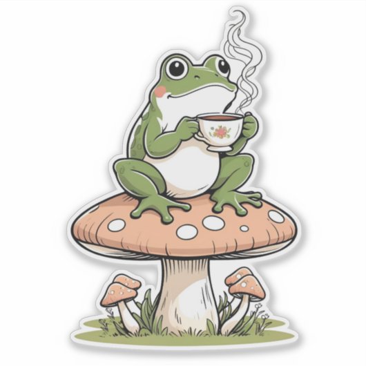 Cozy Frog Drink Tea op Toadstool Sticker (Voorkant)