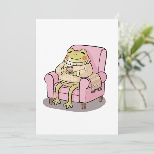 Cozy Frog Drinking Tea On Sofa Illustration Kaart (Staand voorkant)