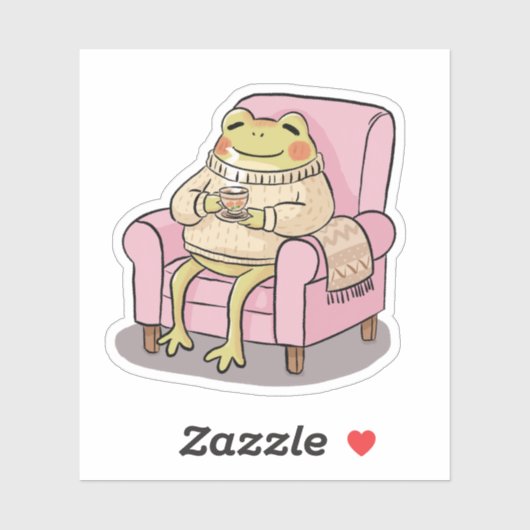 Cozy Frog Drinking Tea On Sofa Illustration Sticker (Vel)