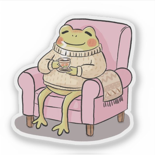 Cozy Frog Drinking Tea On Sofa Illustration Sticker (Voorkant)