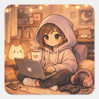 Cozy Gamer Introvert Aesthetic Hoodie Girl Gaming  Vierkante Sticker