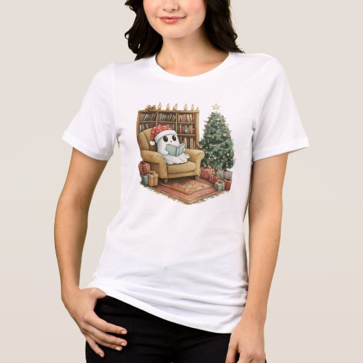 Cozy Ghost Reading Christmas Cute Holiday Gift Tri-Blend Shirt (Voorkant)