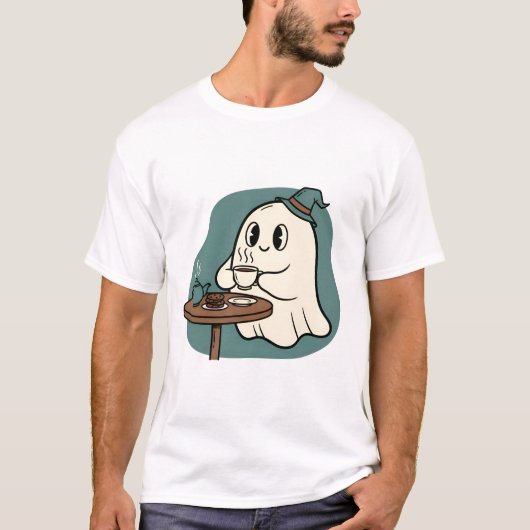 Cozy Ghost Tea Time – Cute Spooky Halloween T-shirt (Voorkant)