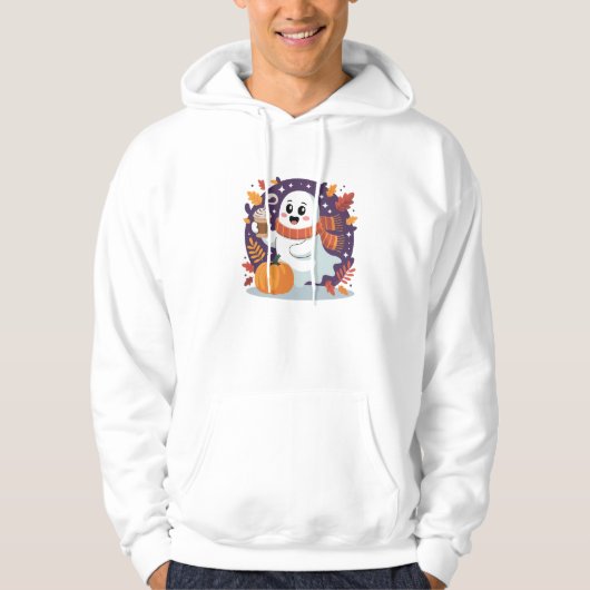 Cozy Ghost with Pumpkin Latte – Fall Halloween Hoodie (Voorkant)